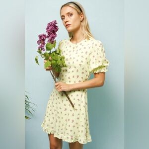 Faithfull‎ The Brand Lime Florence Luda Floral Puff Sleeve Mini Dress Size Small